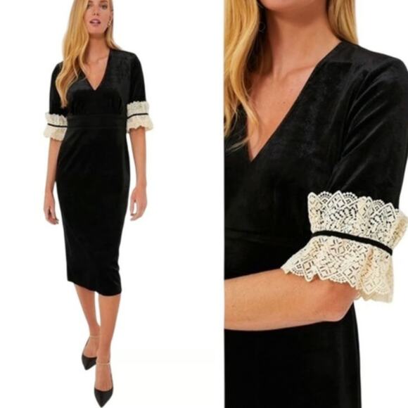 NEW Tuckernuck Black Velvet Odette Midi Dress Size Medium 3/4 Sleeve Elegant - Picture 2 of 9